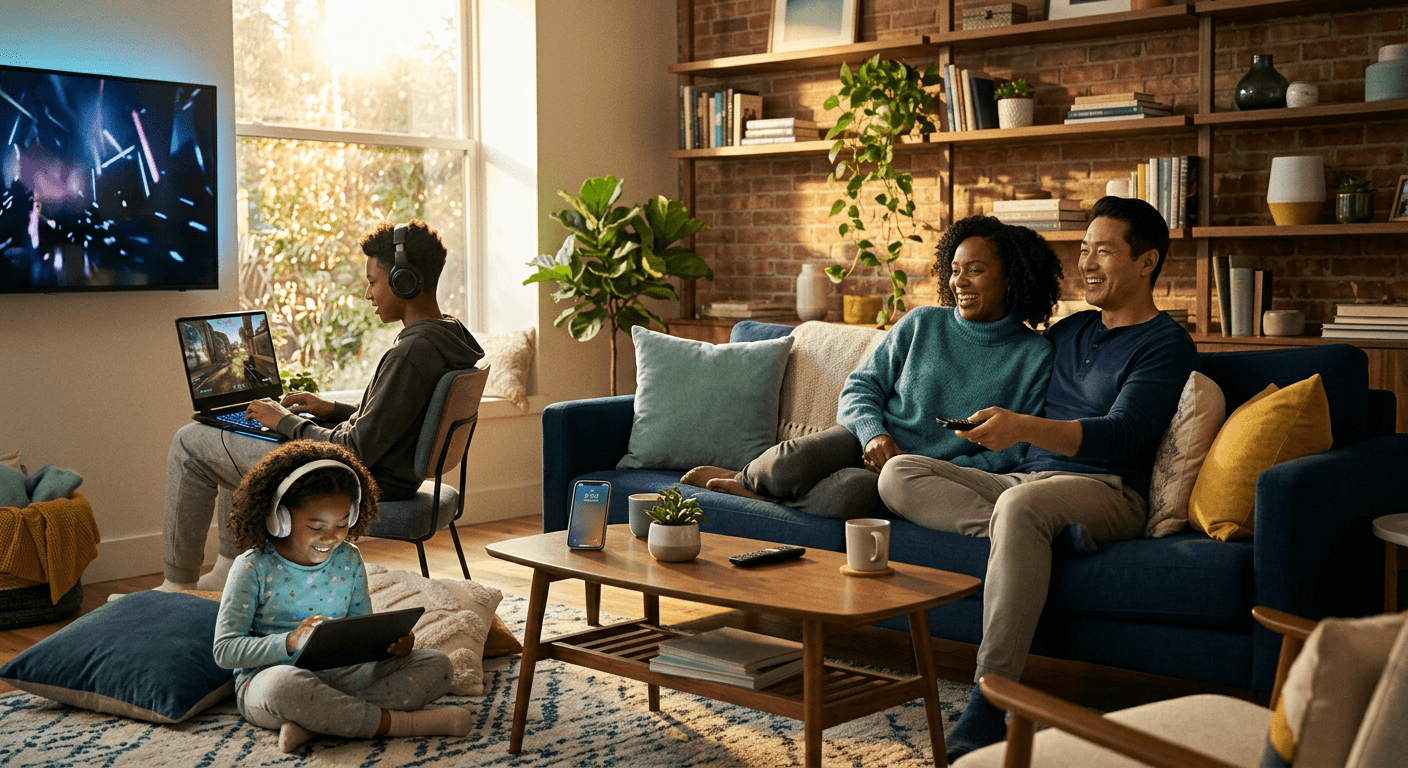 Family at home streaming TV, gaming and browsing on connected devices