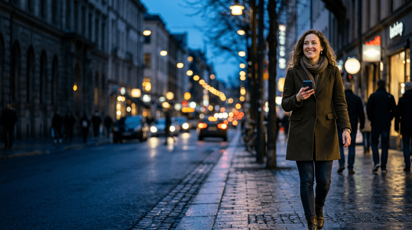 Woman walking through the city at dusk using her smartphone