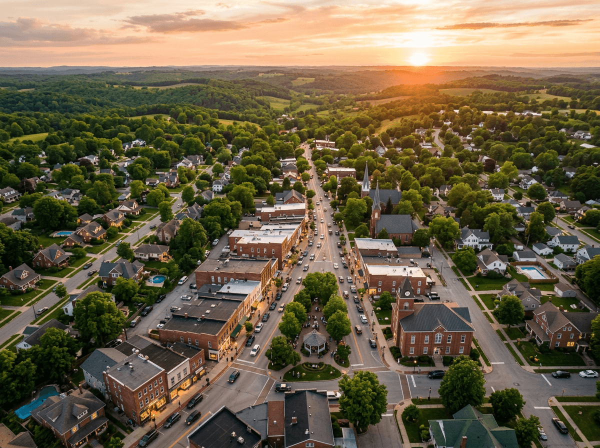 Aerial view of a small American town main street at sunset