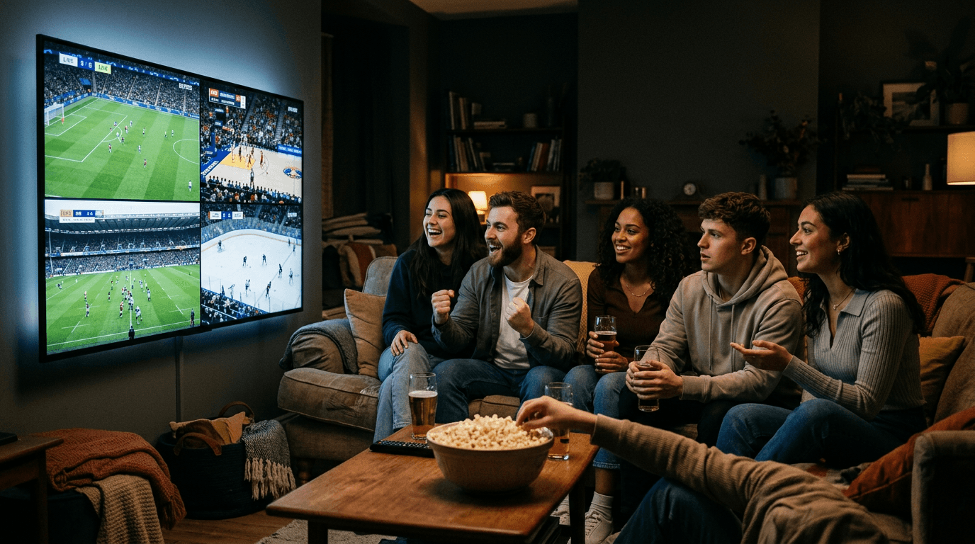 Friends watching four games on a TV in multiview