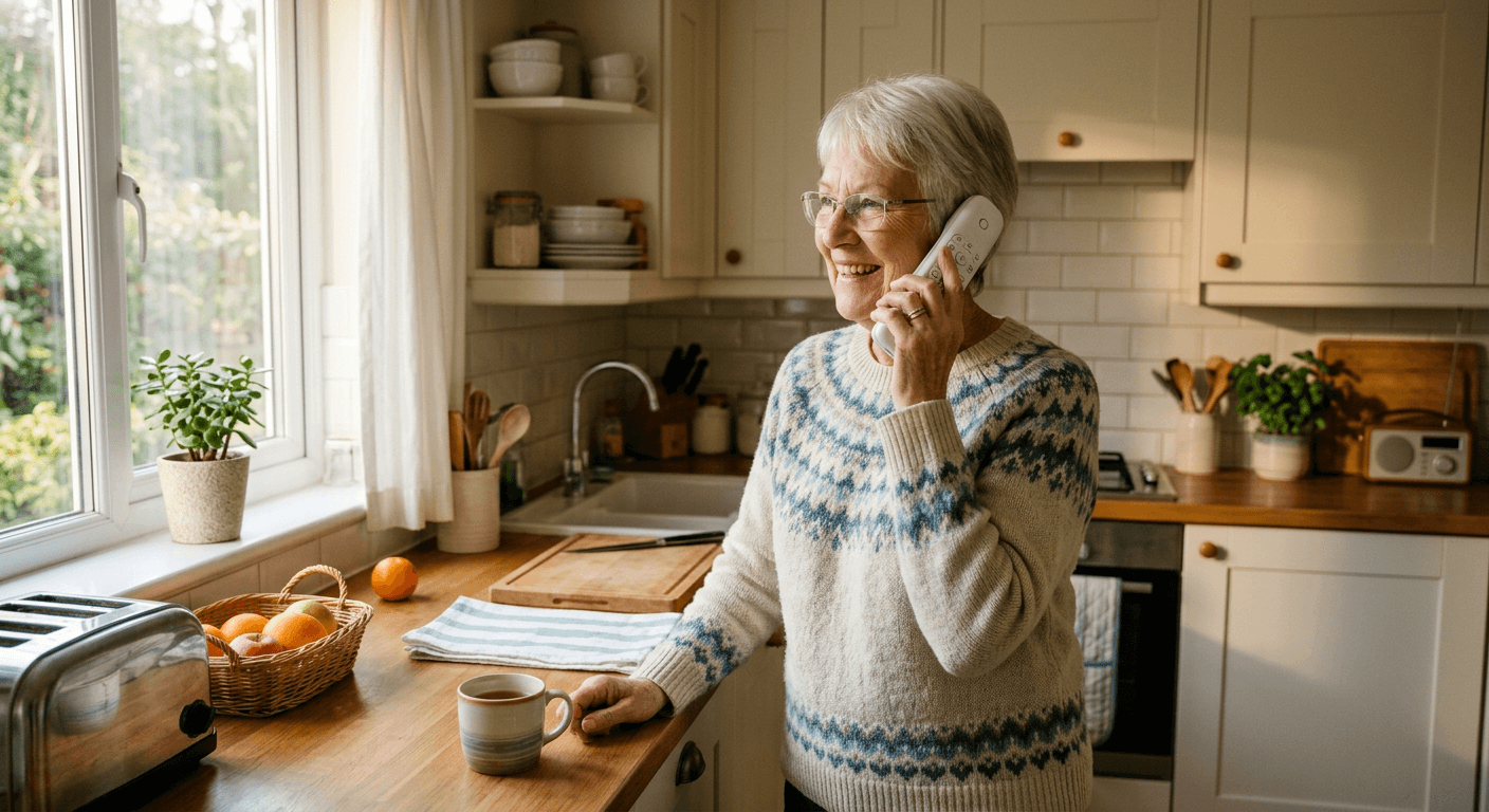 Senior woman talking on a cordless home phone in her kitchen