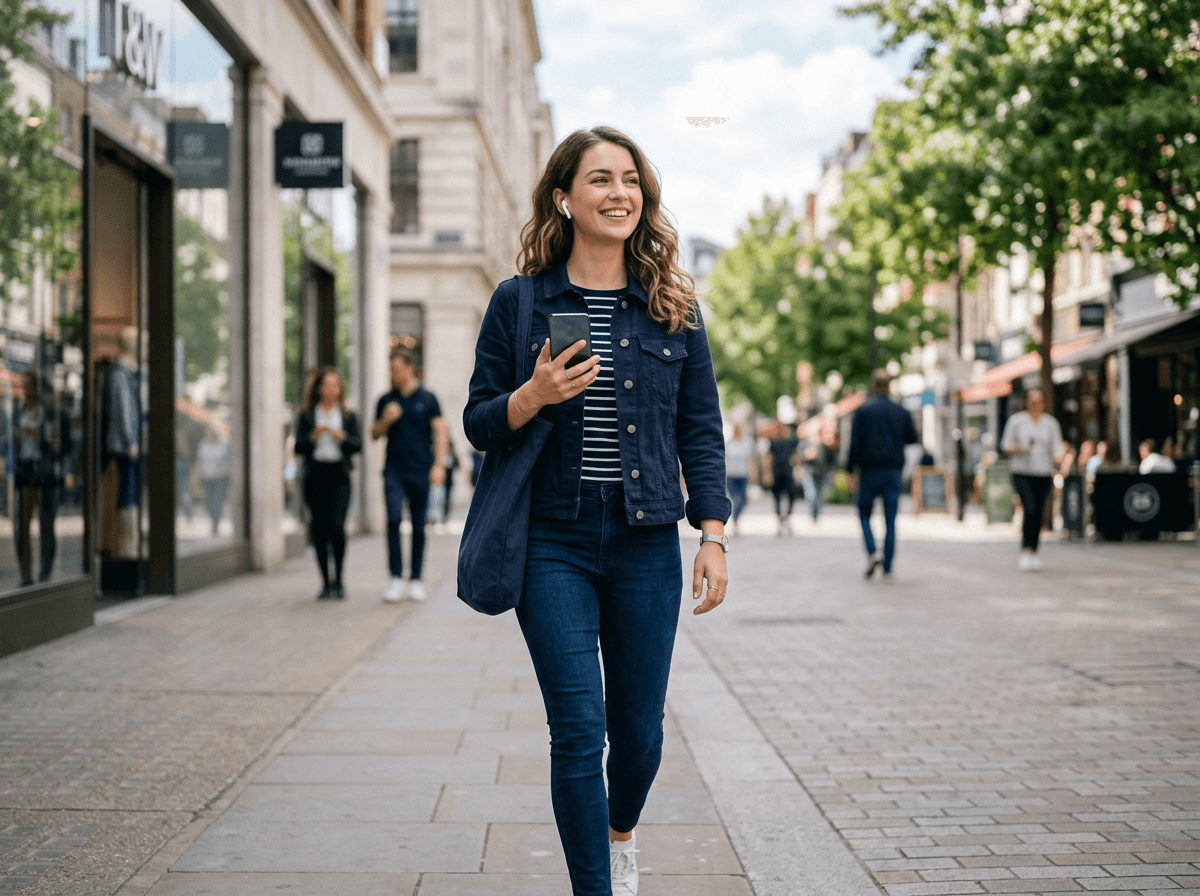 Woman walking in the city while using her smartphone