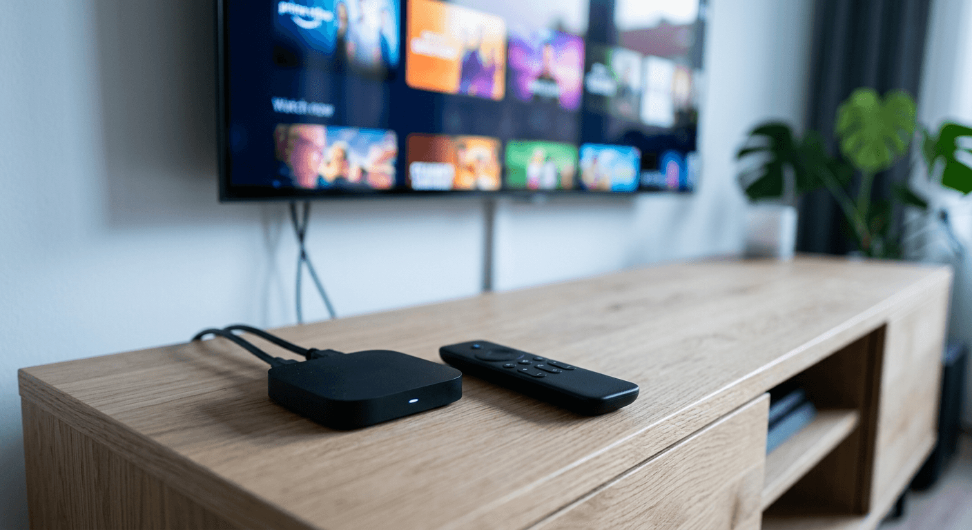 Streaming box and voice remote in front of a TV showing a grid of shows