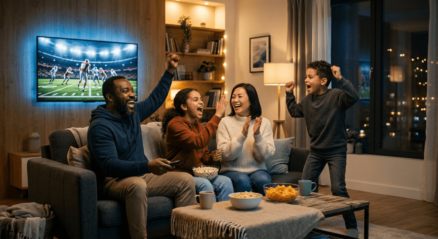 Family cheering while watching a football game on a large TV
