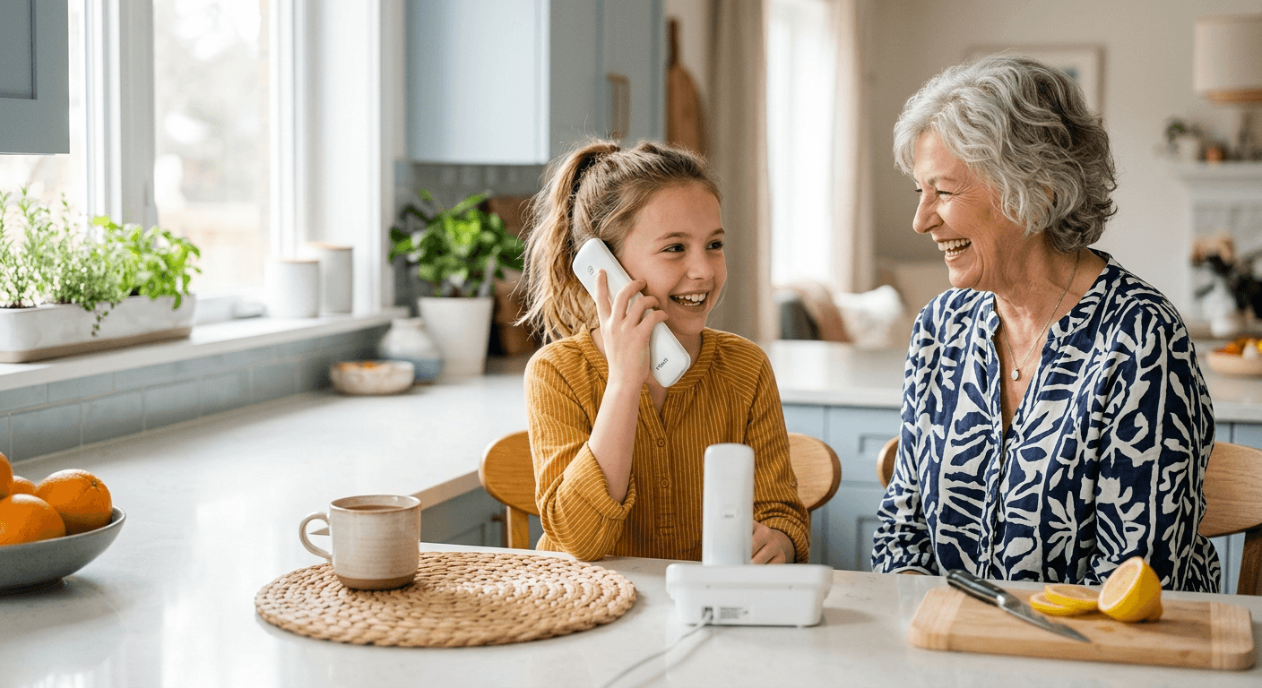 Girl laughing with her grandmother while talking on a cordless home phone