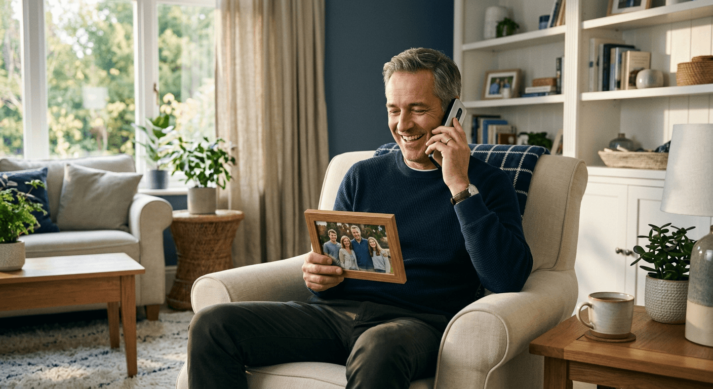 Man smiling in an armchair while on a home phone call, holding a family photo
