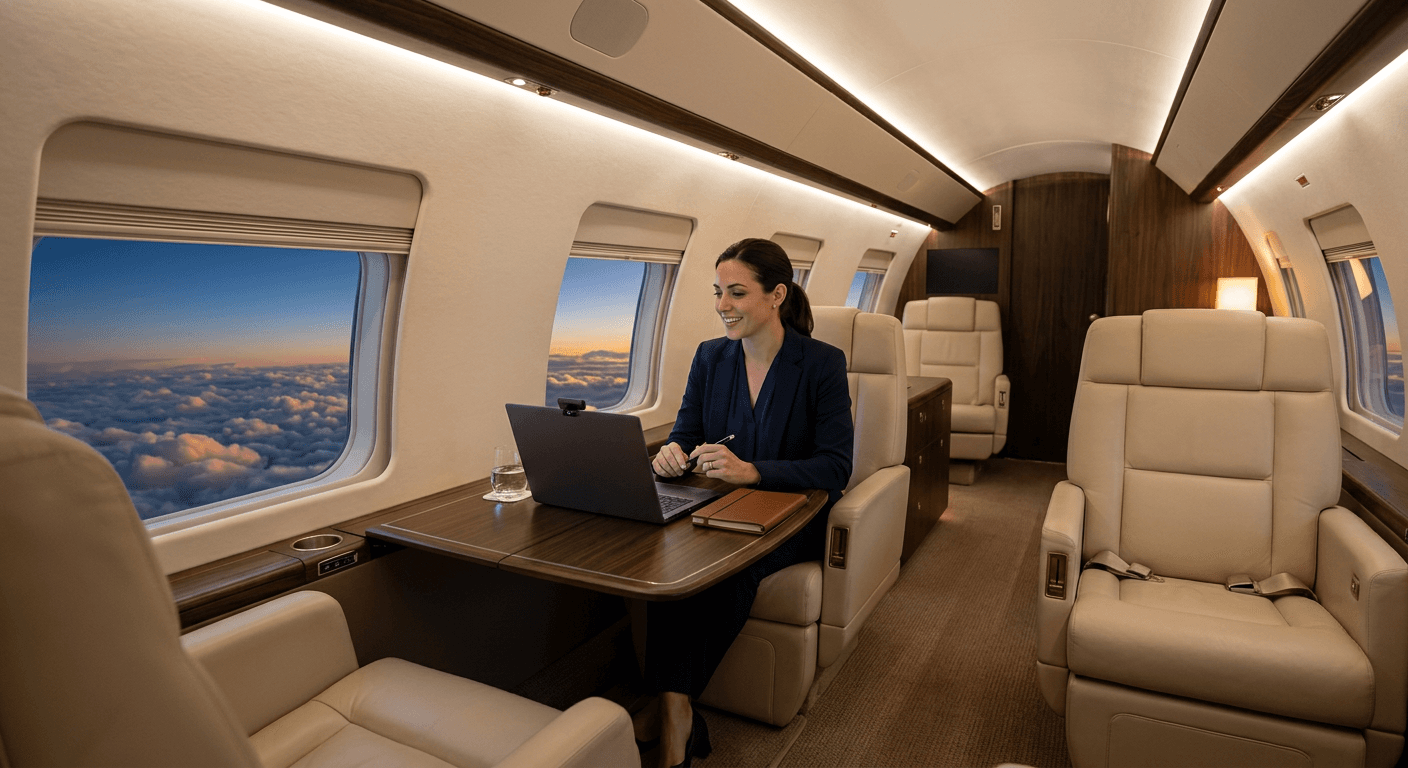 A passenger on a video call inside a private jet cabin