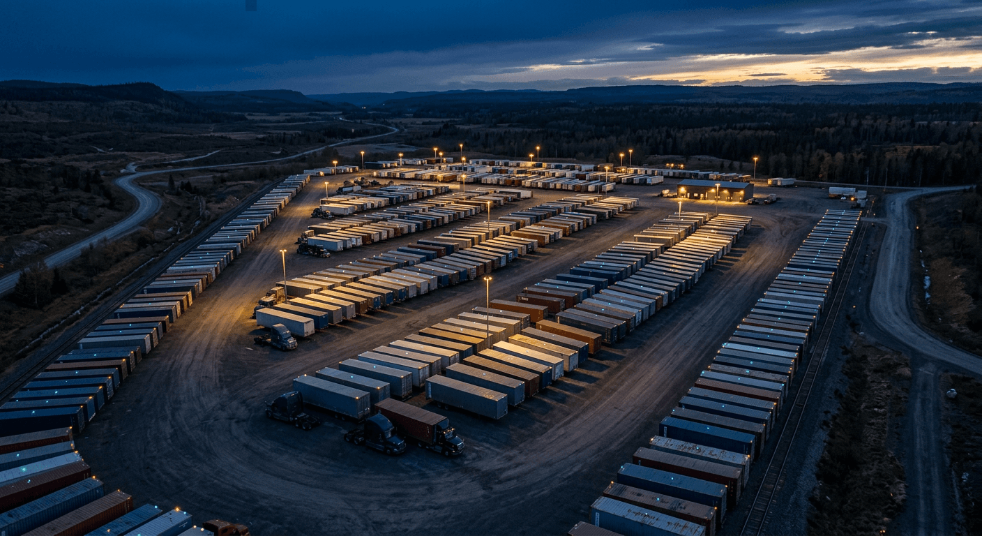 A remote truck yard at dawn with a satellite dish on the dispatch office