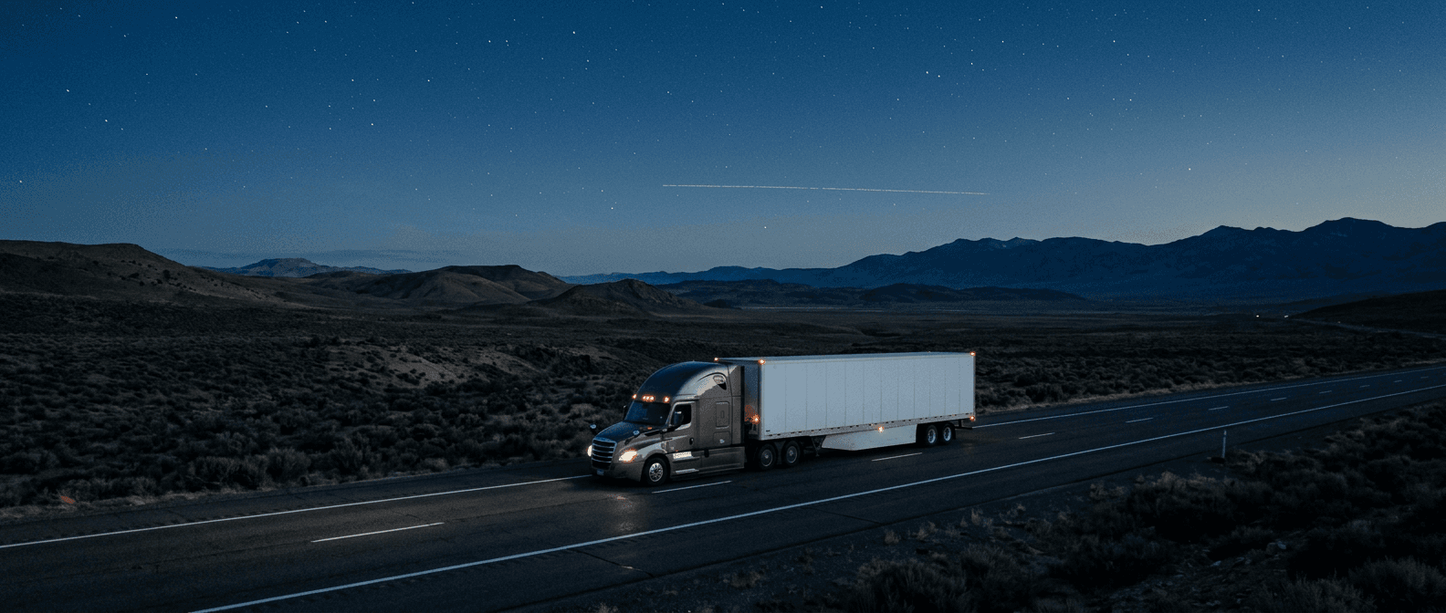 A semi truck driving on a remote desert highway at dusk