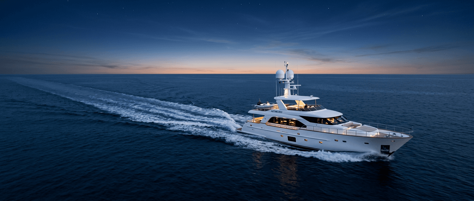 A motor yacht cruising on open ocean at sunset with a satellite dome on its arch