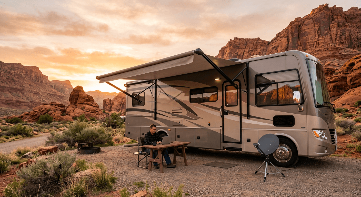 A motorhome parked at a desert campground with a satellite dish beside it